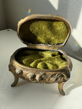 1912 - Olive Green interior Vintage metal jewelry box casket