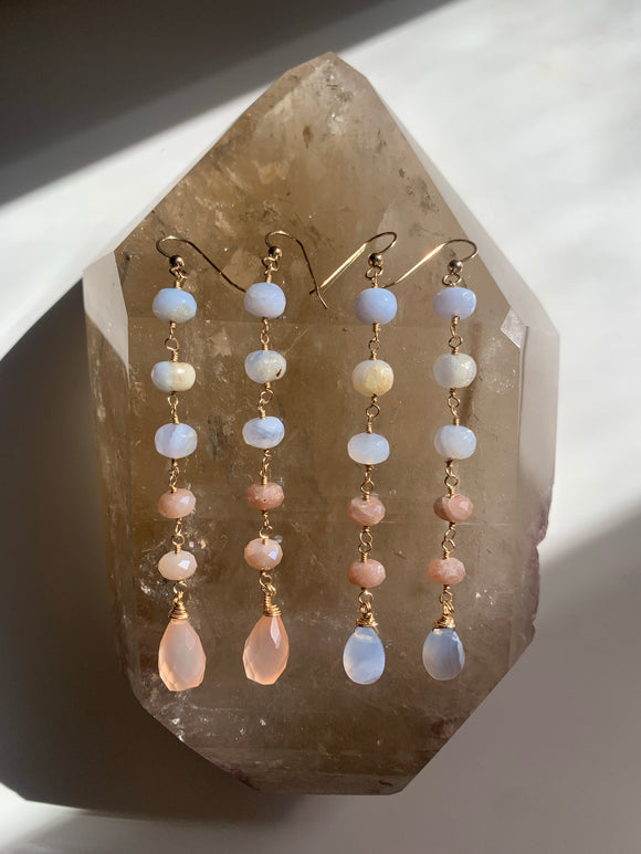 Ombré peach moonstone and blue chalcedony Earrings